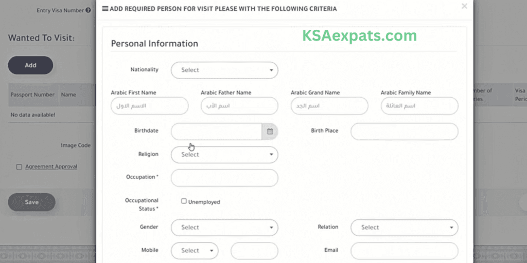 Add personal information to family visa application form Saudi Arabia MOFA