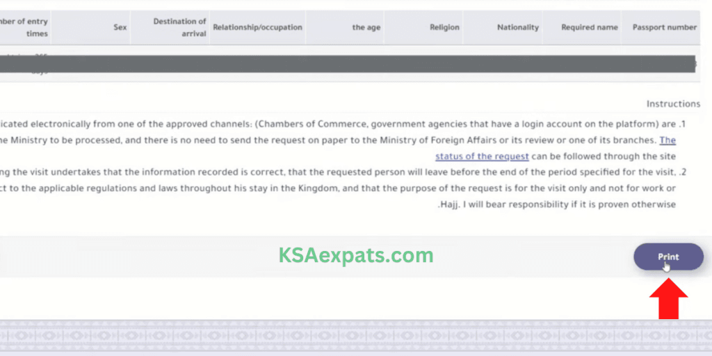 Print Saudi Arabia family visit visa application through MOFA