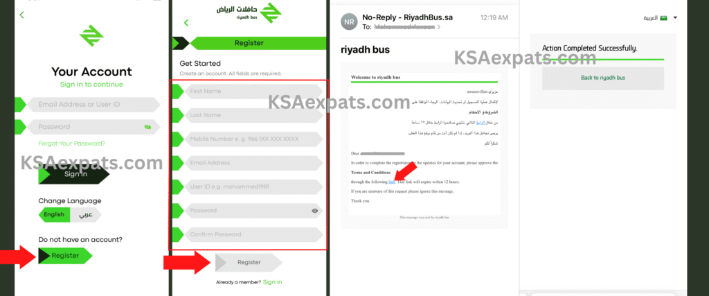 how to register on riyadh bus app, how to create a new account on riyadh bus application