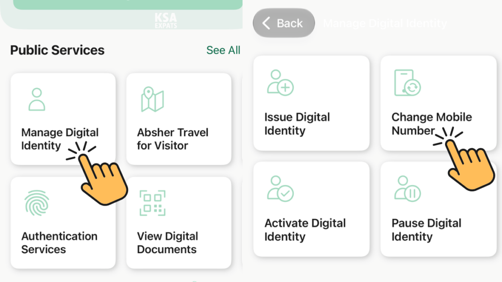 screenshots of steps changing Absher linked mobile number using an Absher app