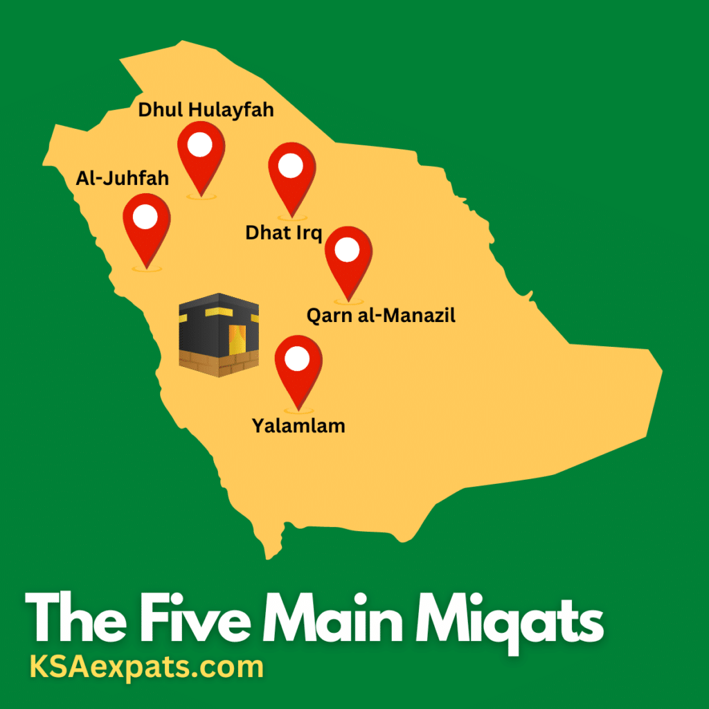 miqat, the five main miqat, Dhul Hulayfah, Qarn al-Manazil, Al-Juhfah, Yalamlam, Dhat Irq