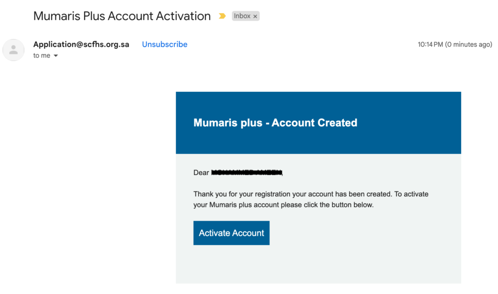 verifiy your email address and activates your mumaris account