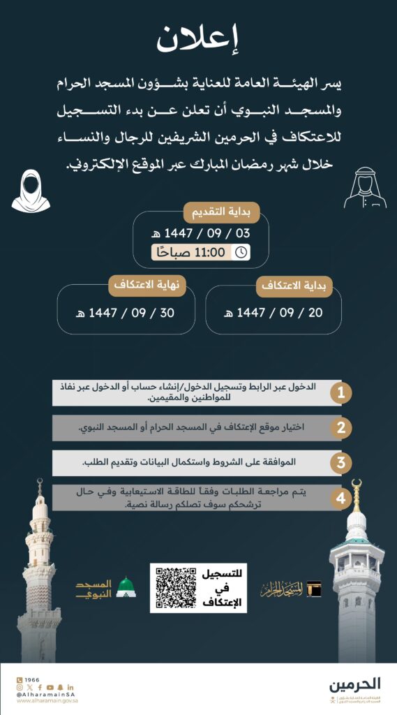Haramain I'tikaf registration 2026 for Makkah and Madinah